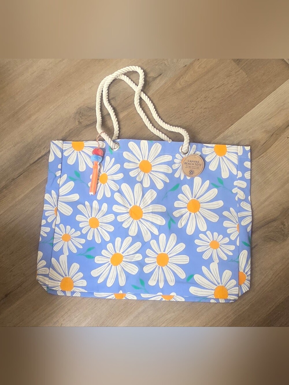 NWT Eccolo Earth Friendly Canvas Tote Bag with Daisy Print - Blue ~ BIN 1G